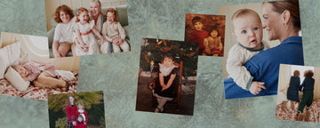 Seven holiday and family photo images collaged on a holiday background.