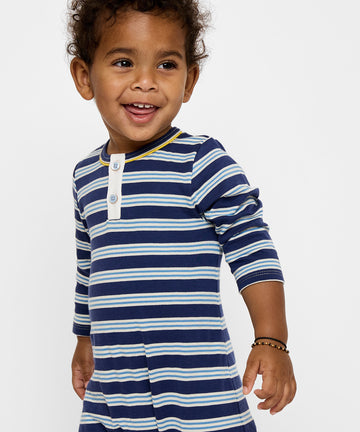 Campbell Romper, Navy Twin Stripe