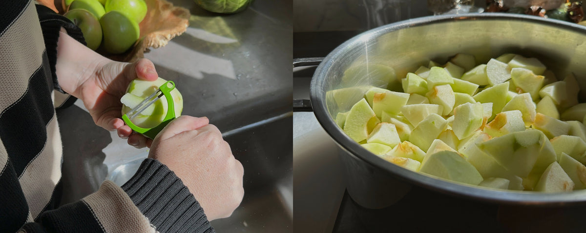 Half image peeling an apple over the sink, other half apples cut up in a bowl.