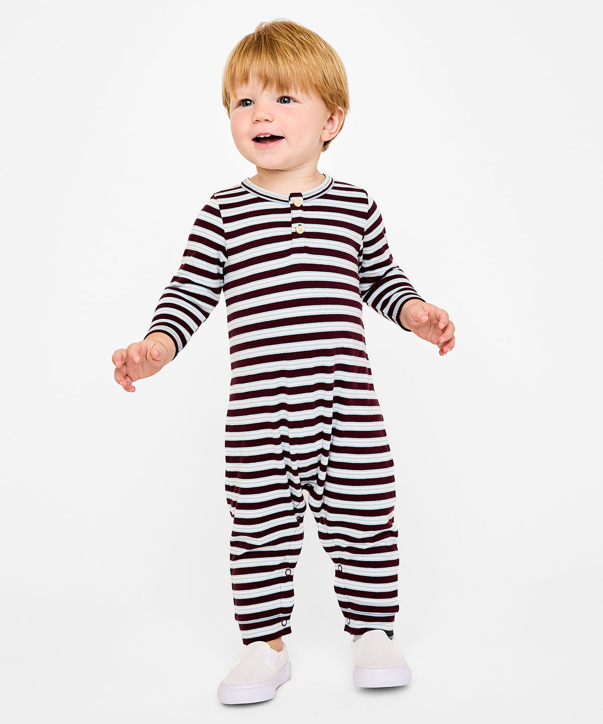 Campbell Romper, Burgundy Triple Stripe
