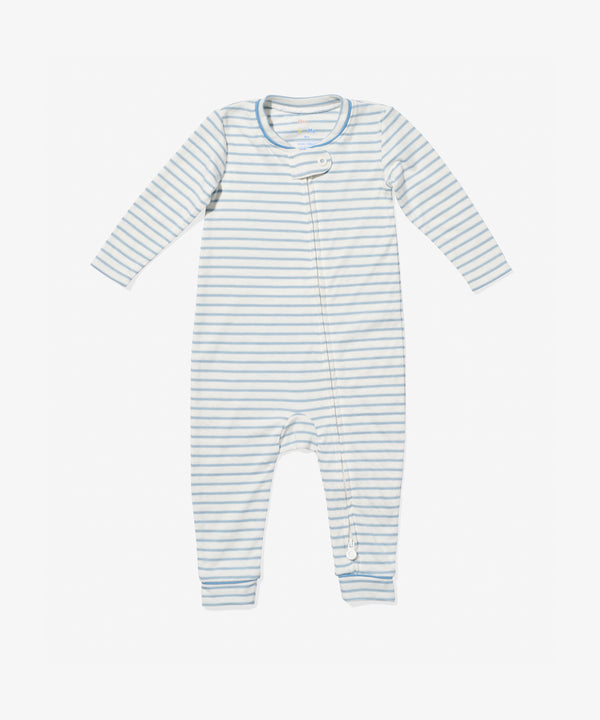 Ziggy Zip Romper, Dusty Blue Mini Stripe