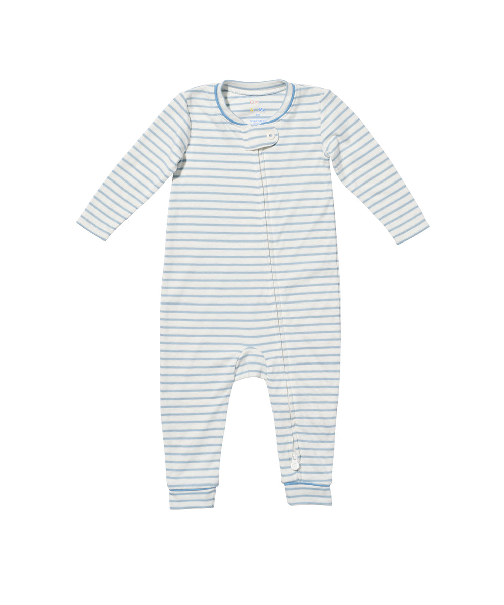 Ziggy Zip Romper, Dusty Blue Mini Stripe