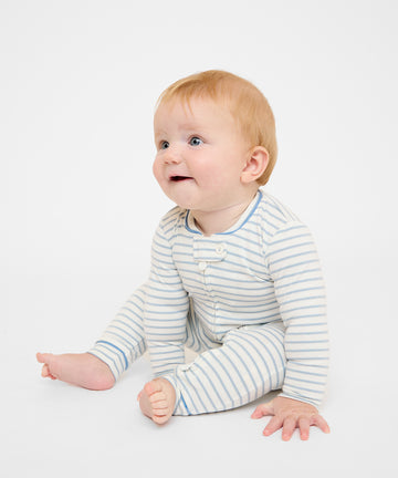 Ziggy Zip Romper, Dusty Blue Mini Stripe