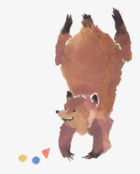 A watercolor-style illustration of a bear standing upright on its hind legs, with small colored geometric shapes near the bottom left, shown on a plain white background.